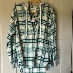 American Eagle blue and green plaid flannel with sweatshirt hoodie